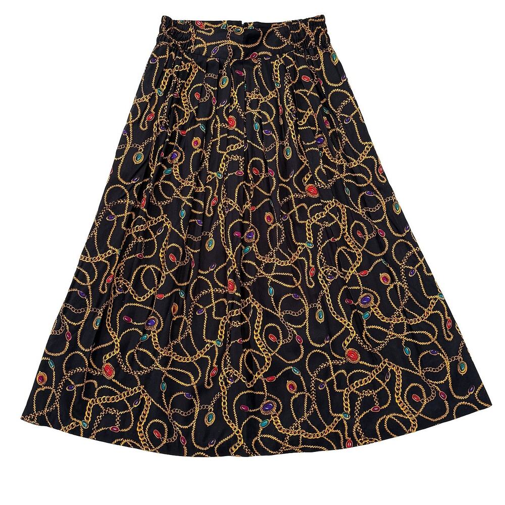 Vintage Chain Print Midi Skirt Womens XS Black Gold Scarf Jewel Equestrian 90s